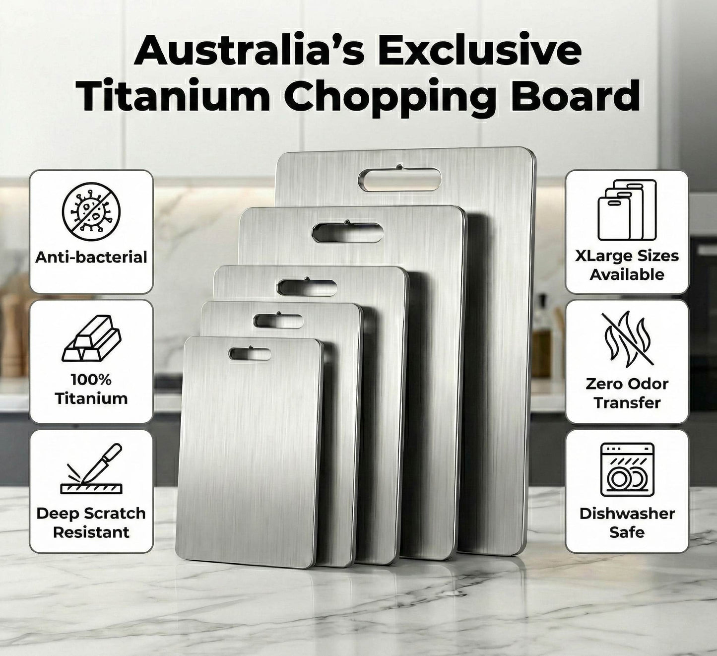 Infographic size guide showing exact dimensions for all 5 Life Upgrade Co titanium chopping boards to help you choose the right fit.