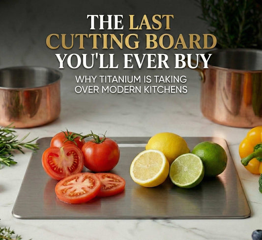 A sleek Life Upgrade Co. titanium cutting board on a modern marble countertop with fresh vegetables. The board looks premium and hygienic, representing sustainable kitchenware 2026 Blog