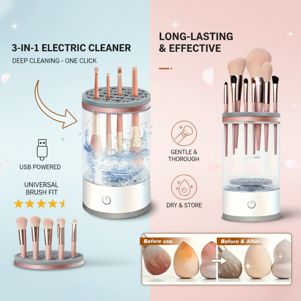 3-in-1 Electric Makeup Brush Cleaner - USB Rechargeable