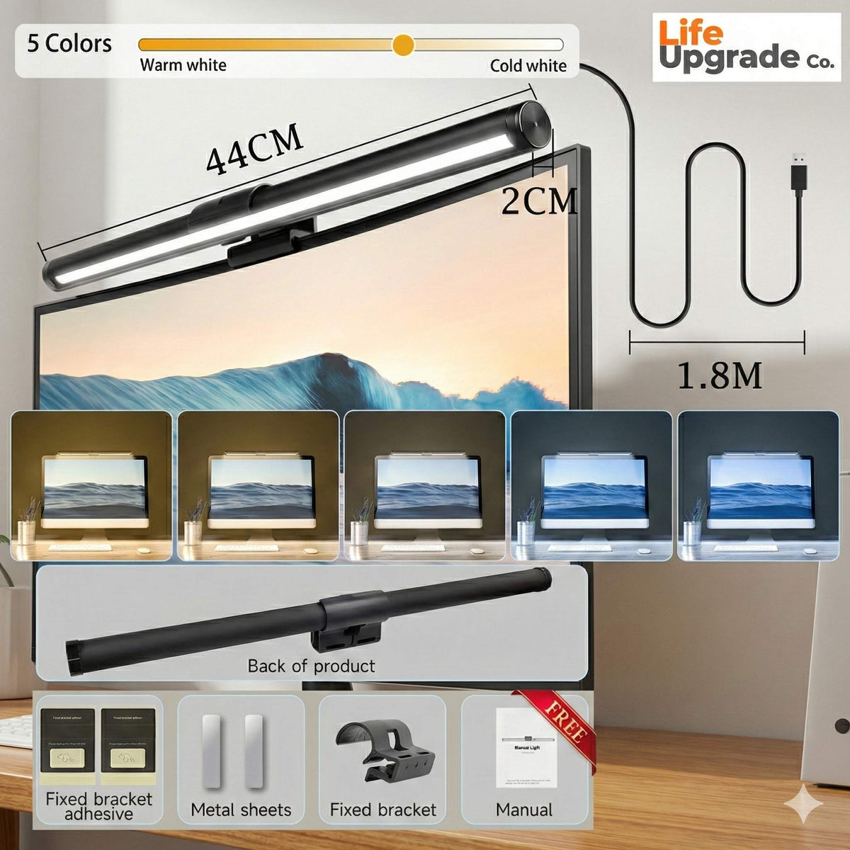 Desktop Monitor Light Bar – USB Powered, Auto-Dimming, Touch Control & RGB Colour Modes