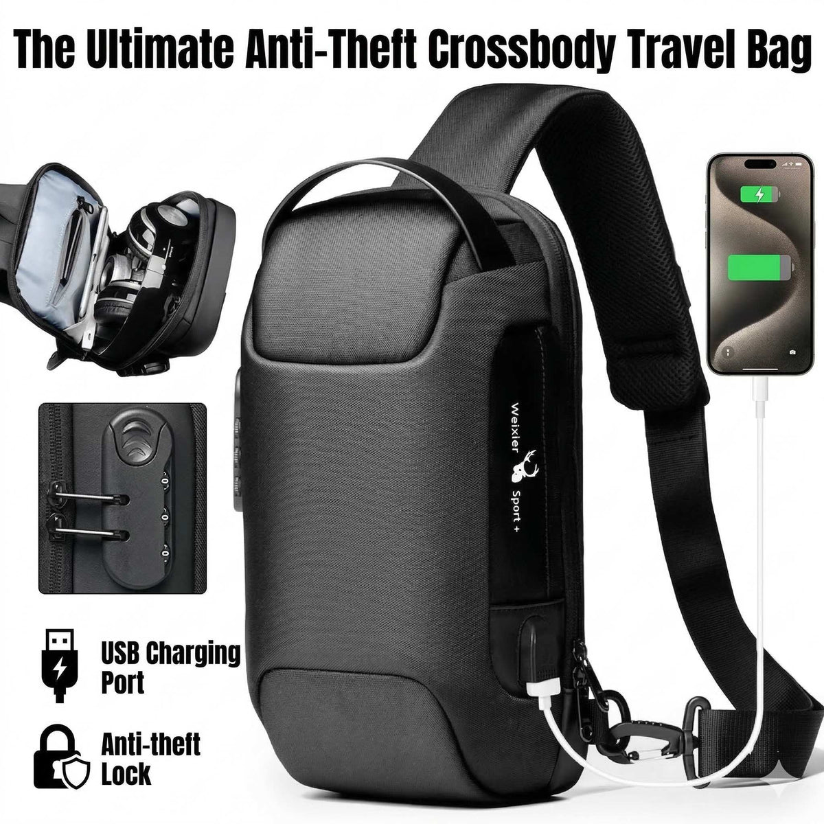 Anti-Theft Crossbody Travel Bag - Pickpocket-Proof Sling with USB Charging