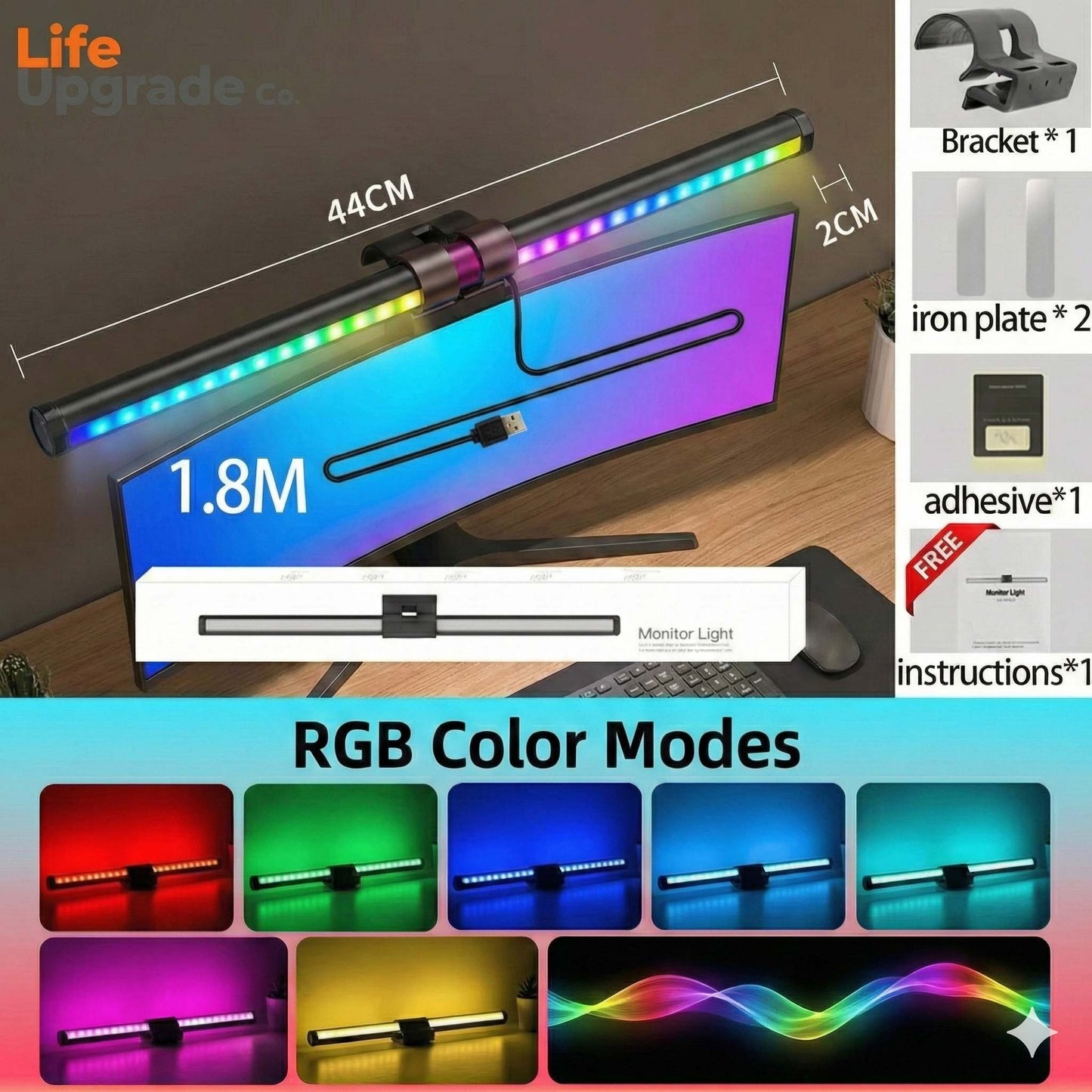 Desktop Monitor Light Bar – USB Powered, Auto-Dimming, Touch Control & RGB Colour Modes