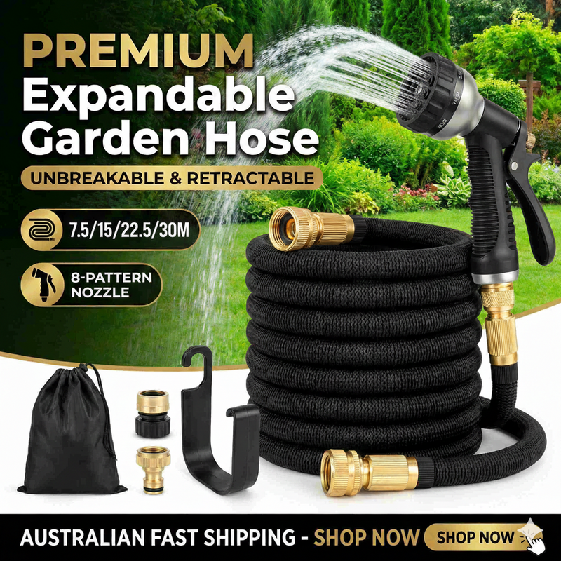 Infographic detailing unbreakable garden hose specs: 3750D polyester, solid brass fittings, and 3x expansion.