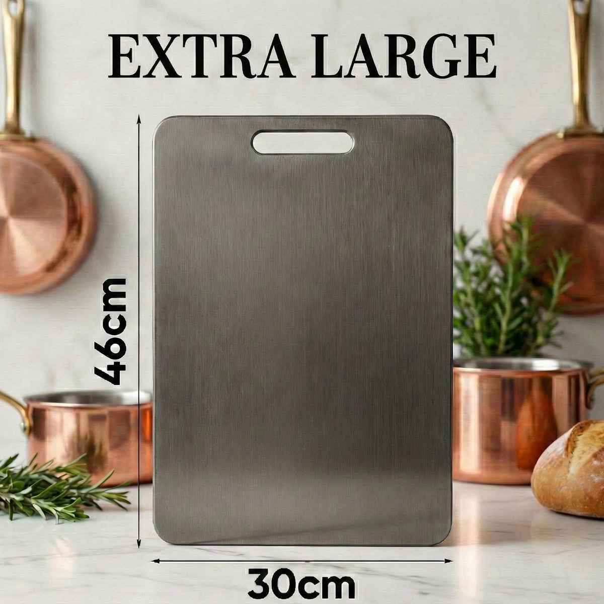 Extra Large antibacterial titanium chopping board by Life Upgrade Co used as a hygienic rapid defrosting tray for meat and vegetables