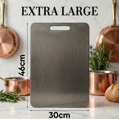 Extra Large antibacterial titanium chopping board by Life Upgrade Co used as a hygienic rapid defrosting tray for meat and vegetables