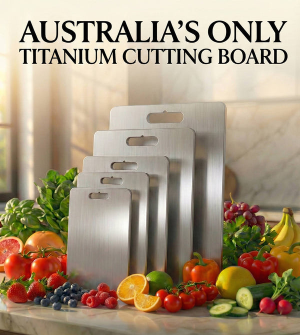 Complete range showing all 5 sizes of the Life Upgrade Co antibacterial titanium cutting boards, available exclusively for fast Australian dispatch.