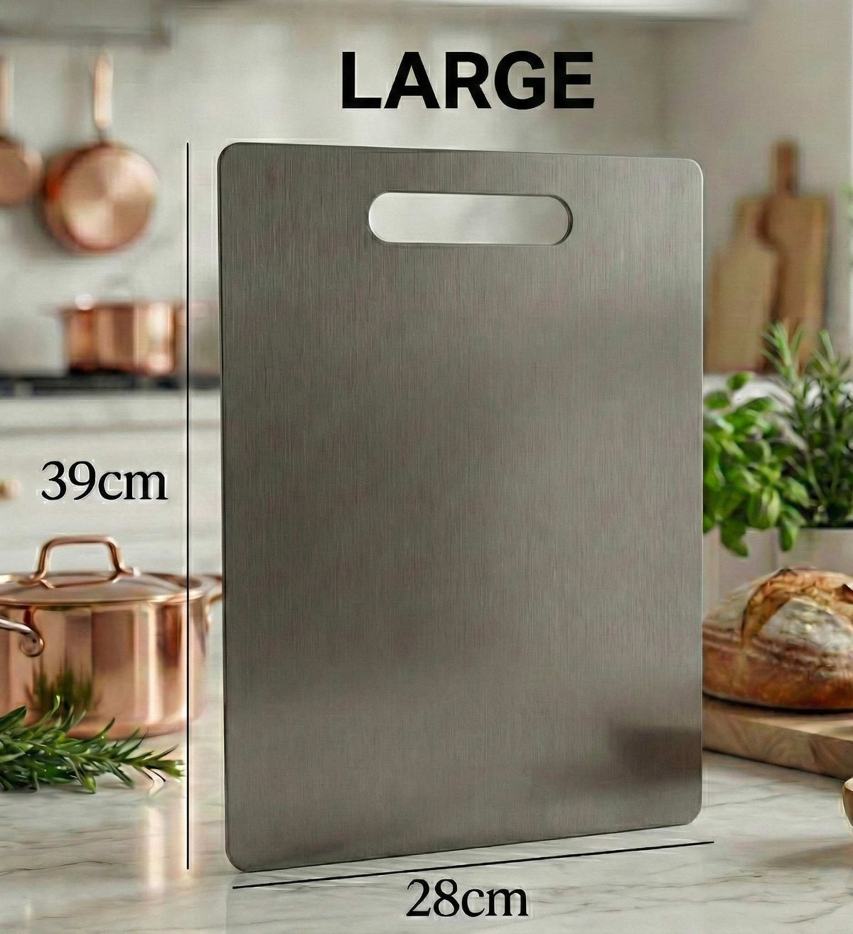 Large antibacterial titanium chopping board by Life Upgrade Co used as a hygienic rapid defrosting tray for meat and vegetables