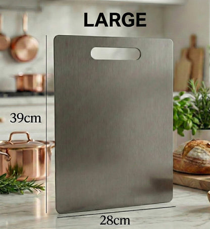 Large antibacterial titanium chopping board by Life Upgrade Co used as a hygienic rapid defrosting tray for meat and vegetables