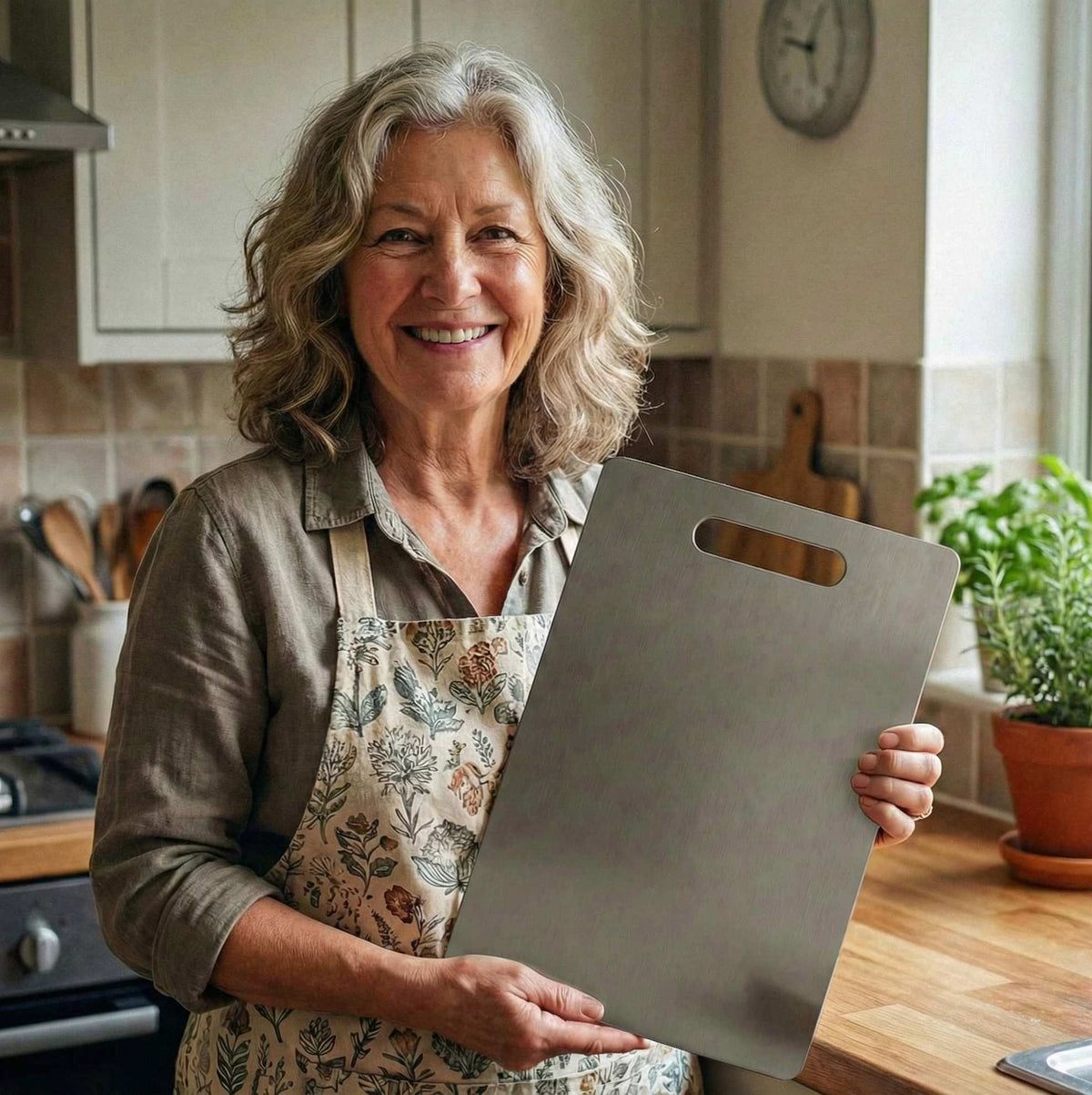 Happy home cook recommending the Life Upgrade Co titanium board for its durability and hygiene in a modern kitchen setting.