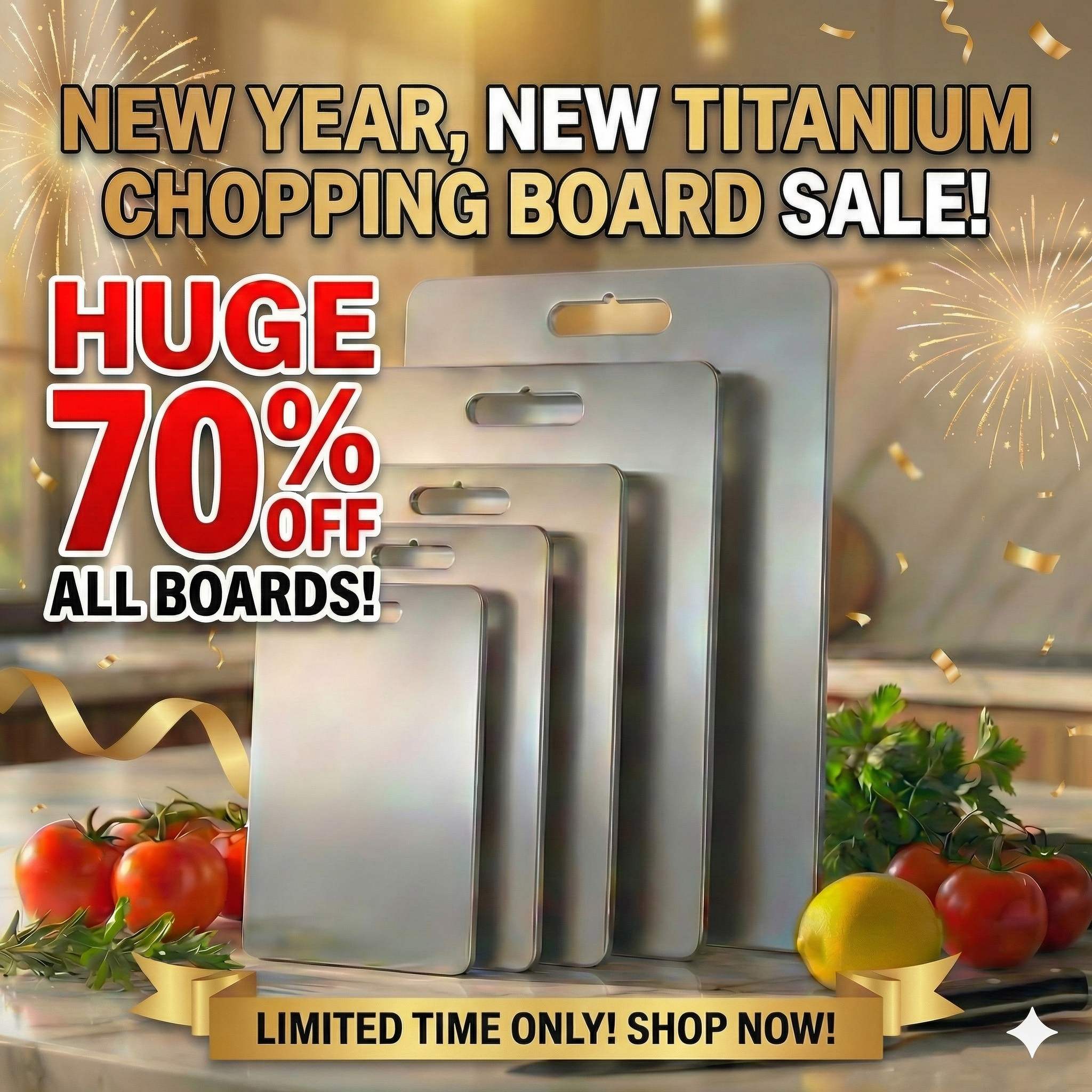 stack of four graduated Life Upgrade Co. pure titanium chopping boards displayed on a marble kitchen counter with fresh vegetables, featuring a 'New Year Sale 70% Off' promotional text overlay. The boards feature a brushed titanium finish designed for antibacterial, non-toxic, and heavy-duty kitchen use.