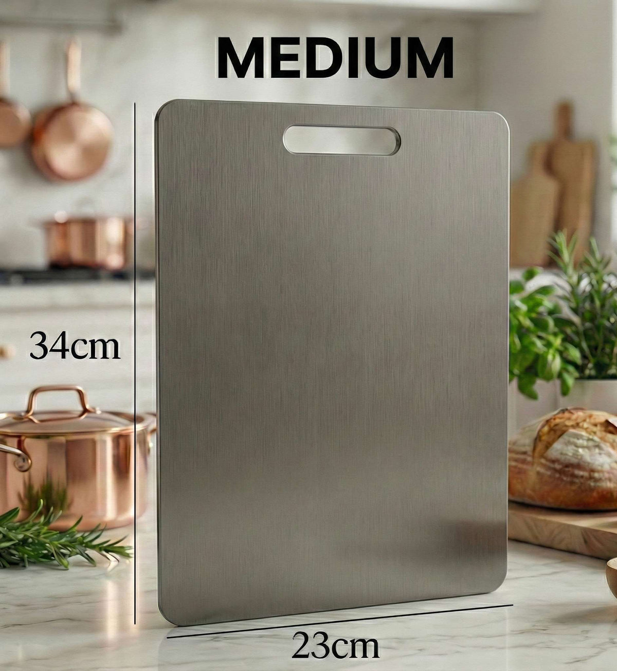 Medium sized antibacterial titanium chopping board by Life Upgrade Co, the perfect standard size for daily meal prep and slicing.