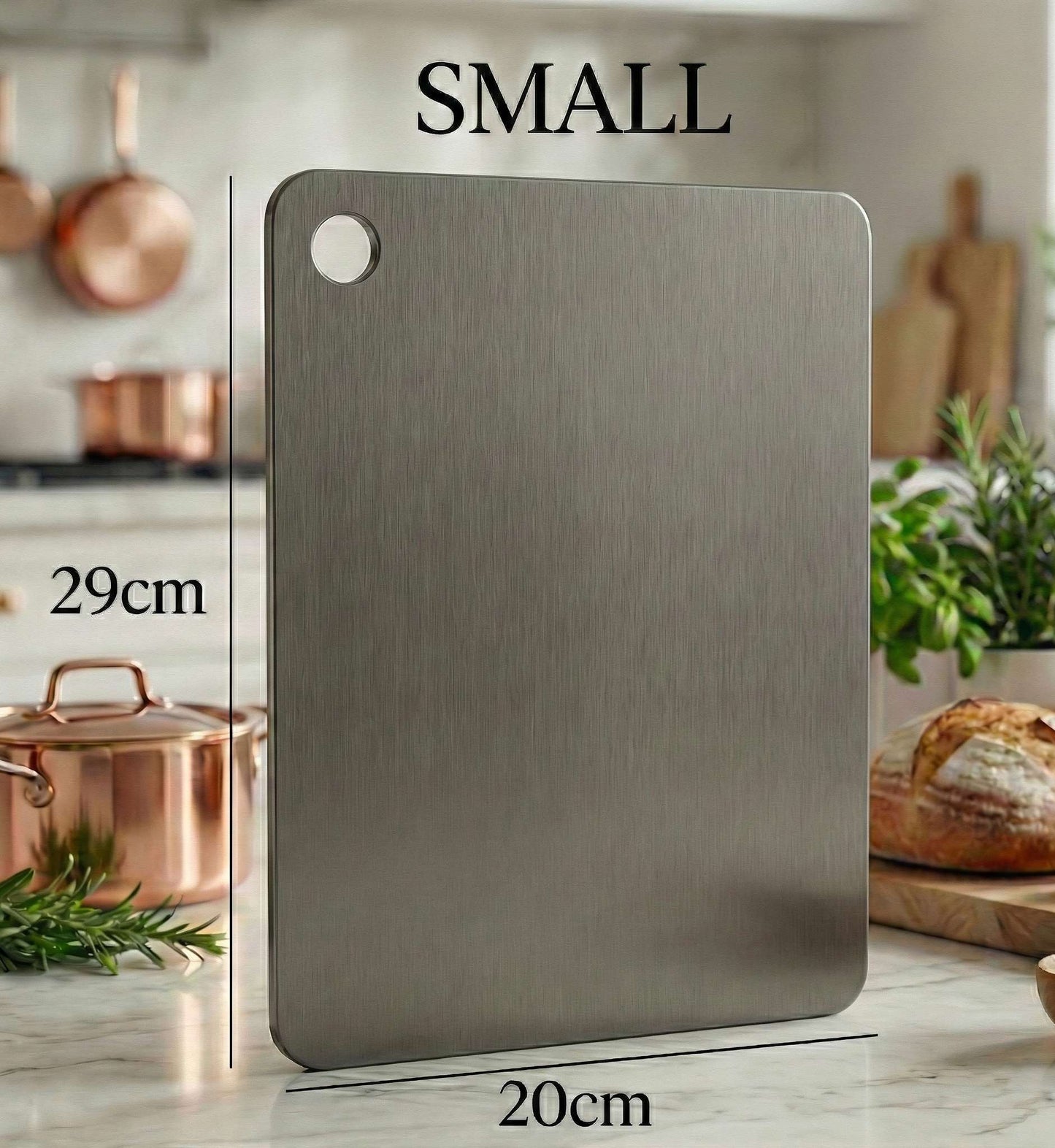 Small antibacterial titanium cutting board by Life Upgrade Co, compact and lightweight design perfect for slicing fruit, garnishes, or camping trips.
