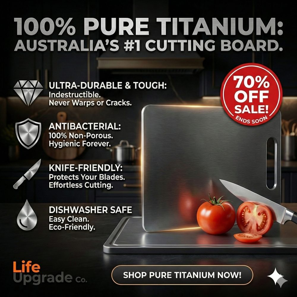 Infographic illustrating key features of the Life Upgrade Co titanium board, such as antibacterial hygiene and rapid defrosting.