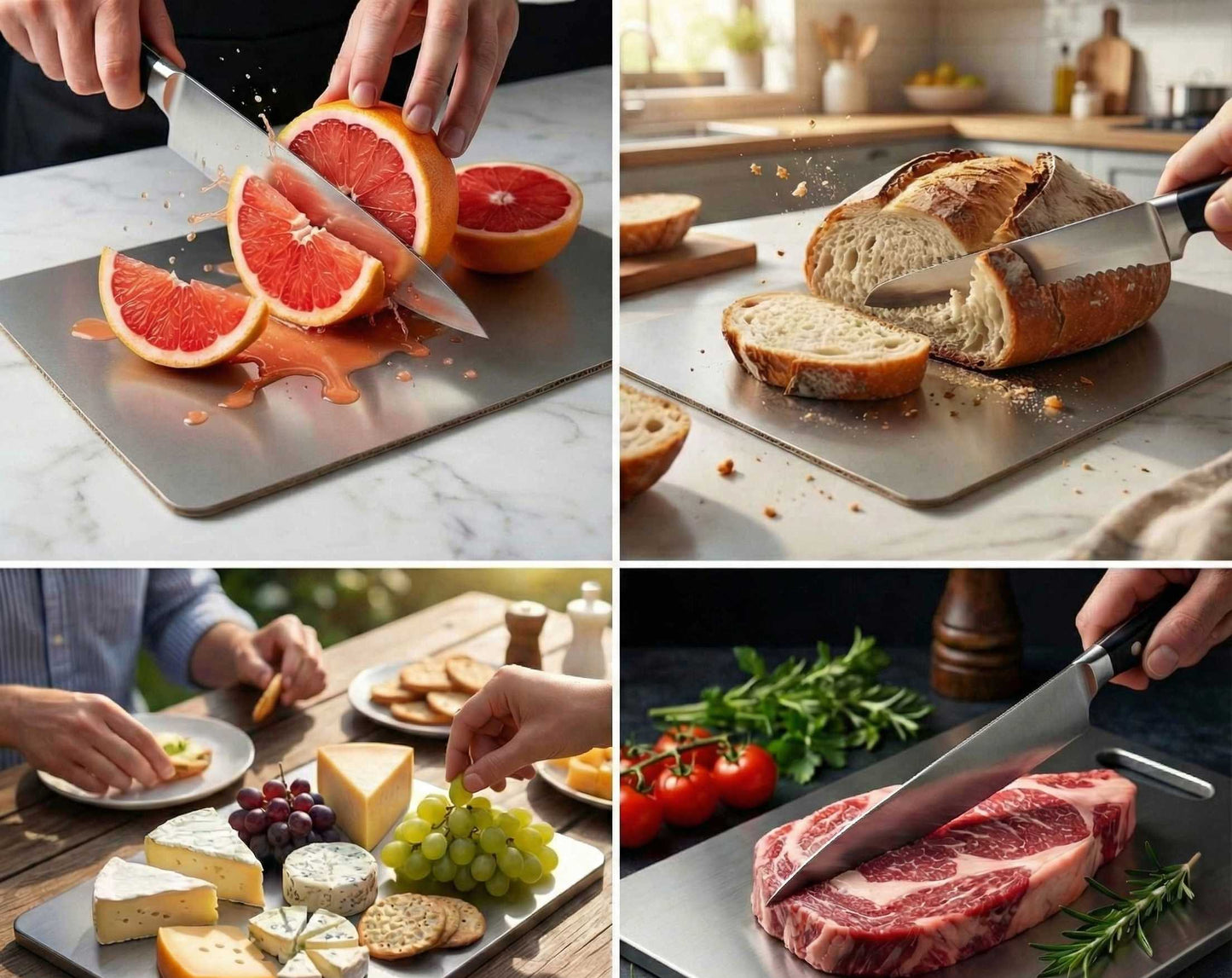A person slicing vibrant, fresh fruit on a hygienic antibacterial titanium chopping board by Life Upgrade Co, showing a non-reactive surface that won't alter taste. 
