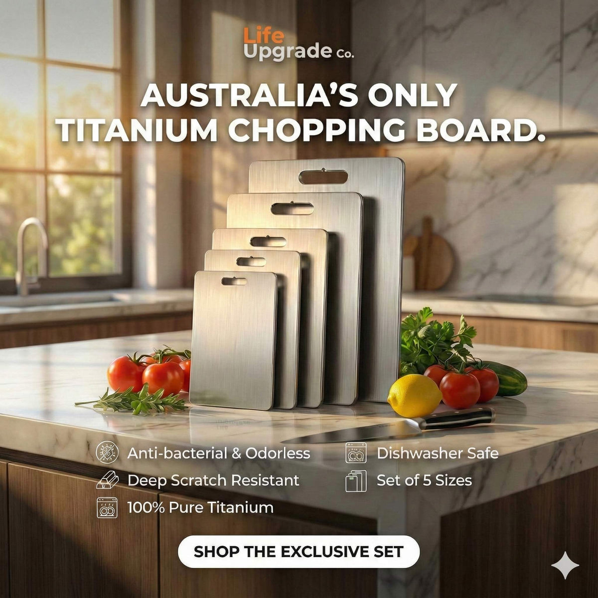 Full set of 5 Life Upgrade Co titanium boards displayed on a kitchen bench for size comparison.