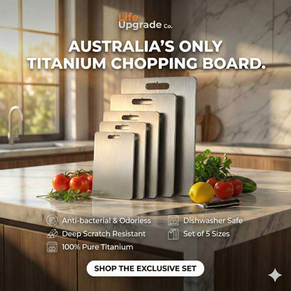 Full set of 5 Life Upgrade Co titanium boards displayed on a kitchen bench for size comparison.