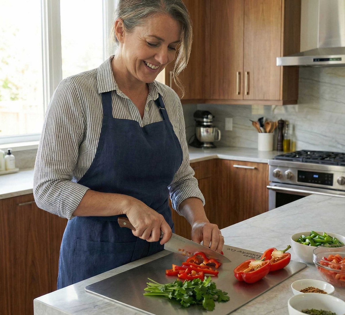 Woman slicing fresh fruit on an antibacterial titanium chopping board by Life Upgrade Co for healthy meal prep.