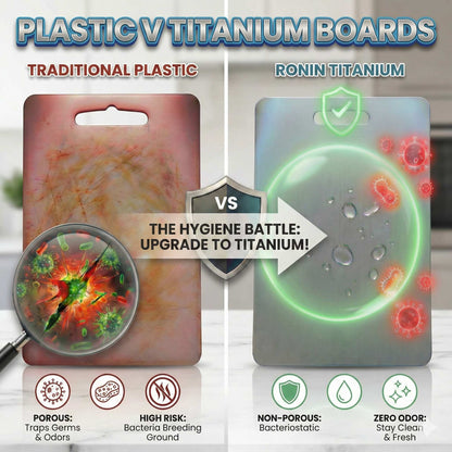 Side-by-side comparison showing a scarred, bacteria-prone plastic board versus a smooth, antibacterial titanium chopping board by Life Upgrade Co.